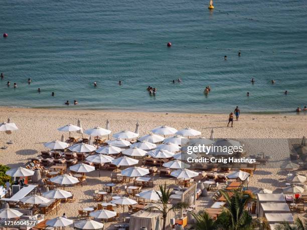 dubai uae - view of the palm beach scene with loungers, swimming, pools and partying. - sunset society stock-fotos und bilder