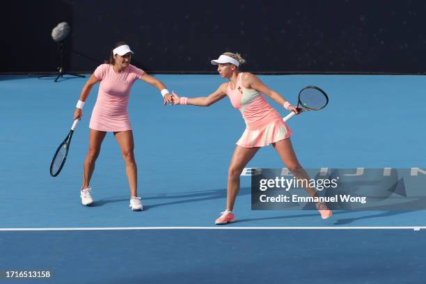 Nadia Kichenok of Ukraine and Monica Niculescu of Romania react during the Women's double 16 round match against Veronika Kudermetova and Beatriz...