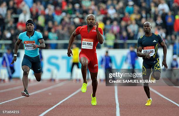 Jamaica's Asafa Powell , Mike Rodgers of US , Kim Collins of Saint Kitts&Nevis compete in the 100m event of the IAAF World Athletics Grand Prix...