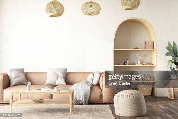 interior moderno de estilo escandinavo sala de estar - americana de cuero fotografías e imágenes de stock