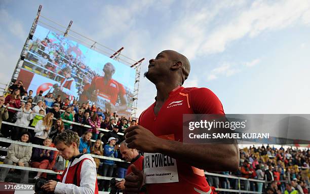 Jamaica's Asafa Powell reacts after competing in the 100m event of the IAAF World Athletics Grand Prix meeting in Ostrava, Czech Republic on June 27,...