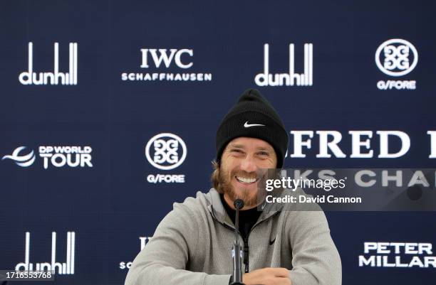 Tommy Fleetwood of England speaks to the media during his pre-tournament press conferenceprior to the Alfred Dunhill Links Championship at the Old...