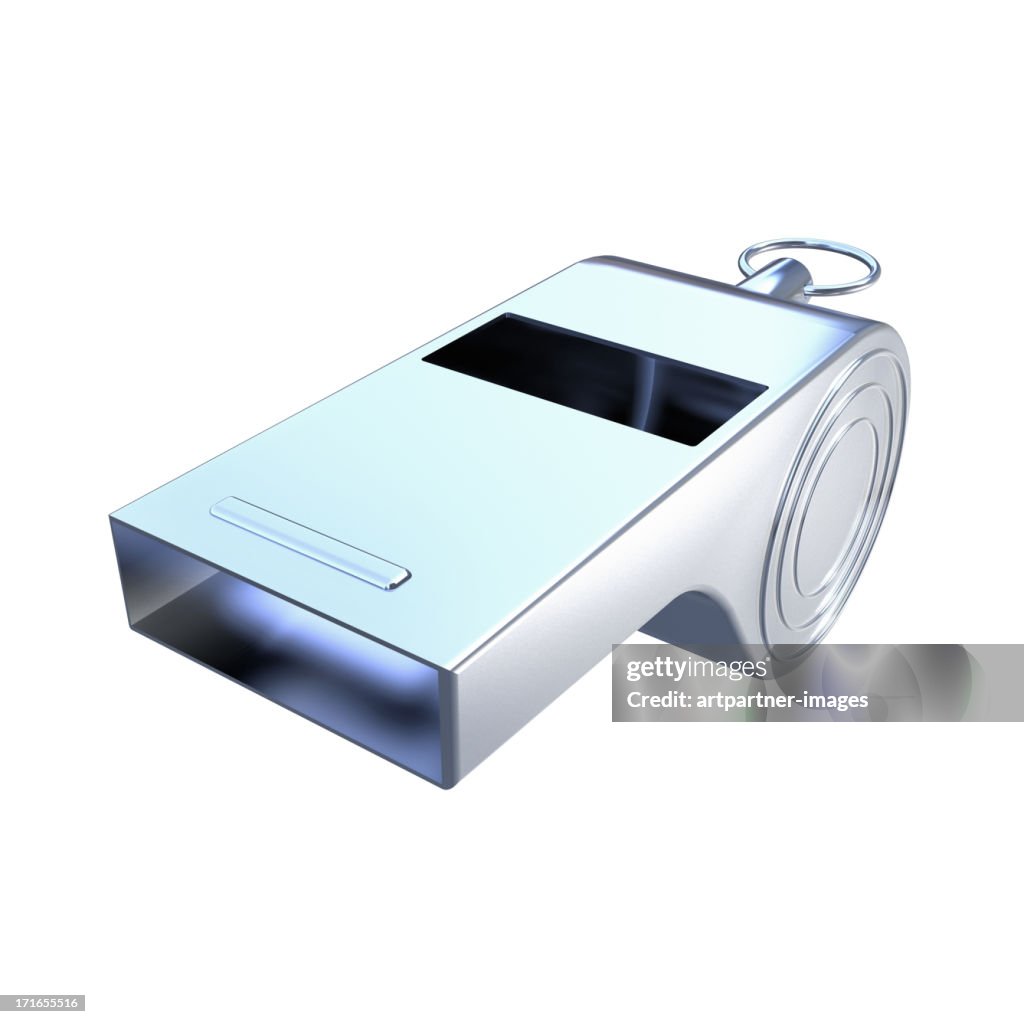 Silver whistle or referee whistle on white