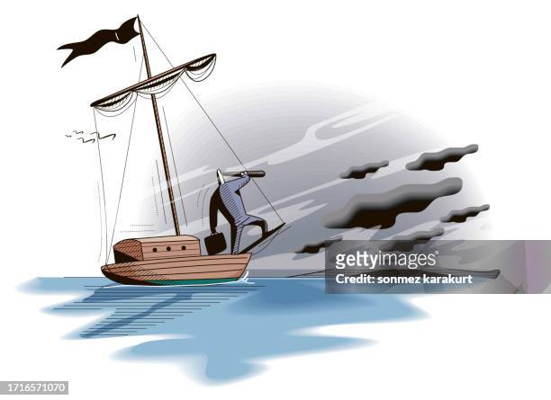 a businessman who lost his way with a sailboat in the middle of the sea - storm chaser stock illustrations