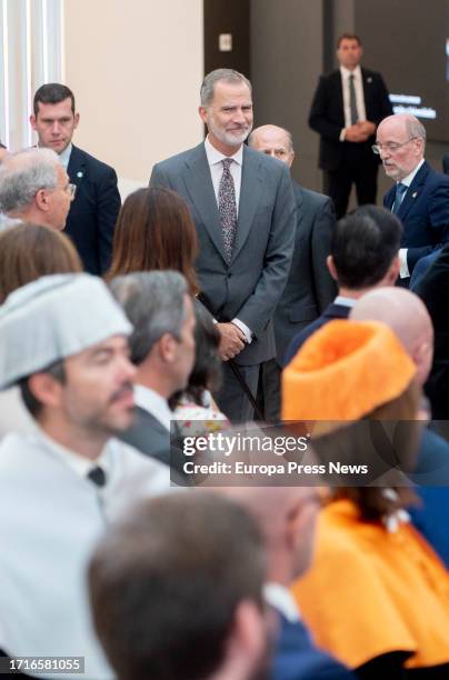 King Felipe VI upon his arrival at the inauguration of the Universidad Internacional de la Empresa , at the UNIE Tres Cantos Campus, on October 4 in...