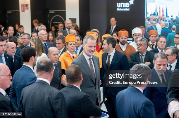 King Felipe VI upon his arrival at the inauguration of the Universidad Internacional de la Empresa , at the UNIE Tres Cantos Campus, on October 4 in...