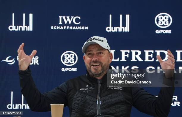 David Howell of England speaks to the media during his pre-tournament press conference to acknowledge his record 722nd appearance on The DP World...