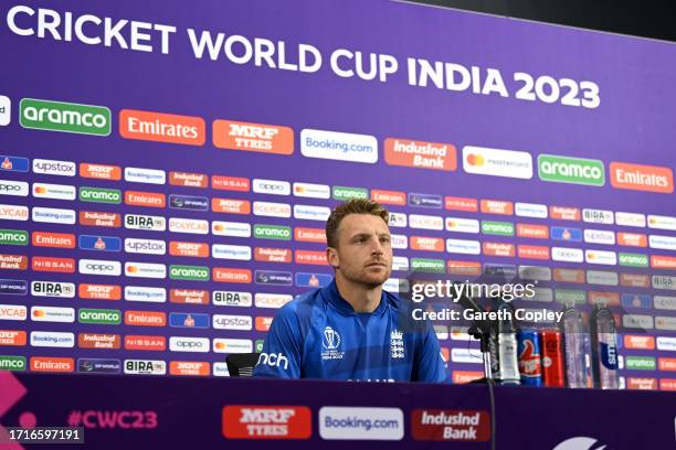 England captain Jos Buttler speaks to the media during a press conference at Narendra Modi Stadium on October 04, 2023 in Ahmedabad, India.