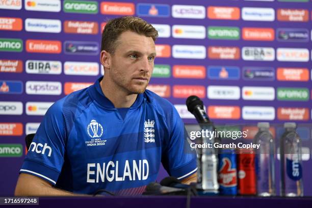 England captain Jos Buttler speaks to the media during a press conference at Narendra Modi Stadium on October 04, 2023 in Ahmedabad, India.