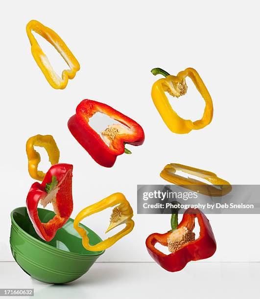 red and yellow peppers - capsicum stock pictures, royalty-free photos & images