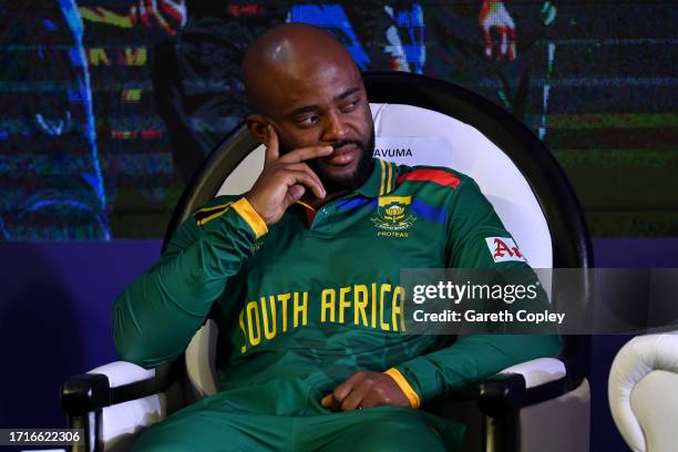 South Africa captain Temba Bavuma during Captains' Day prior to the ICC Men's Cricket World Cup India 2023 at Narendra Modi Stadium on October 04,...