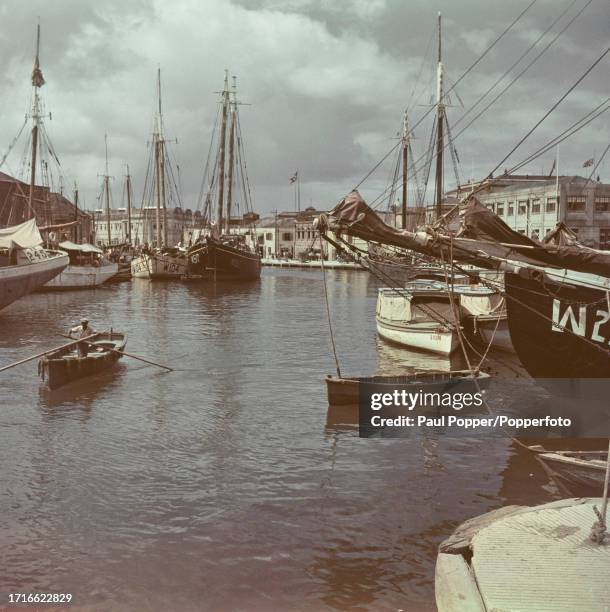 Rowboat passes sailing ships and sail boats moored in the Inner Harbour of the city of Bridgetown, capital of Barbados in the West Indies within the...