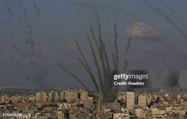 View of rockets fired by Palestinians into Israel's Ashkelon city as clashes continue between Israeli forces and Palestinian armed groups at various...