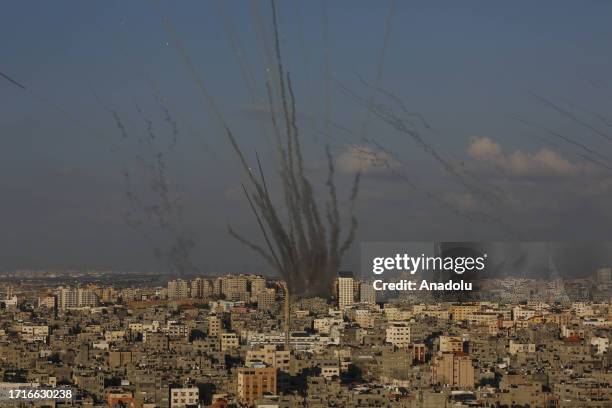 View of rockets fired by Palestinians into Israel's Ashkelon city as clashes continue between Israeli forces and Palestinian armed groups at various...