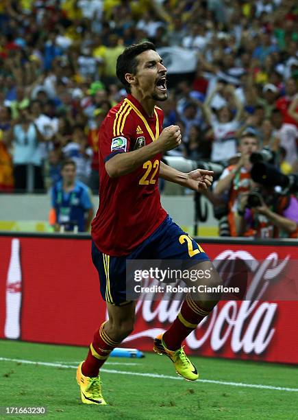 Jesus Navas of Spain celebrates scoring the winning penalty in a shootout during the FIFA Confederations Cup Brazil 2013 Semi Final match between...