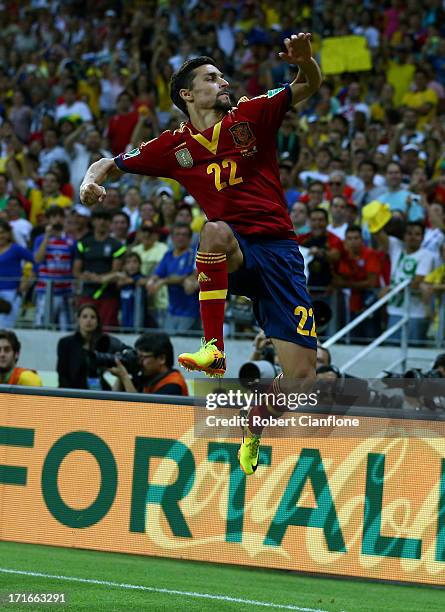Jesus Navas of Spain celebrates scoring the winning penalty in a shootout during the FIFA Confederations Cup Brazil 2013 Semi Final match between...
