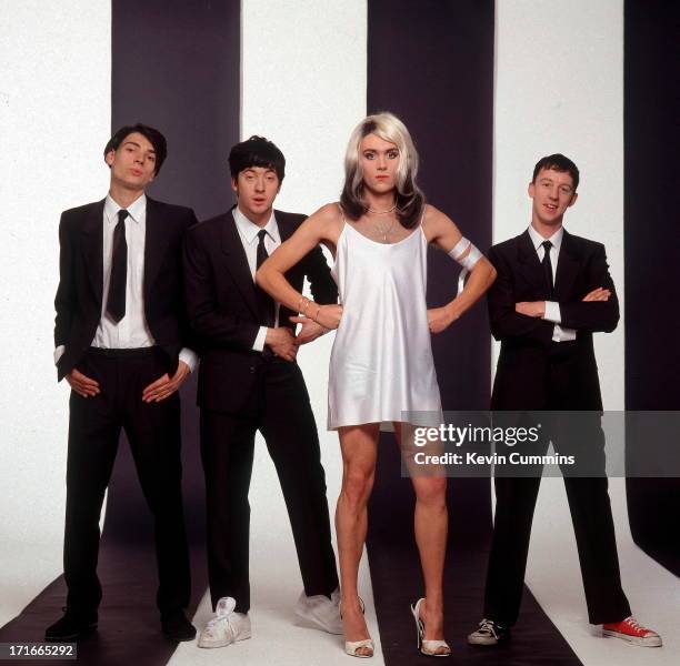 English pop group Blur pose in a parody of the cover of Blondie's 'Parallel Lines' album cover, December 1991. Left to right: bassist Alex James,...