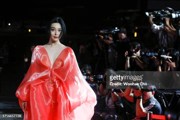 Fan Bingbing arrives for the Opening Ceremony of the 28th Busan International Film Festival at Busan Cinema Center on October 04, 2023 in Busan,...