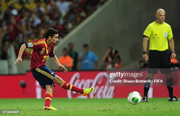 Jesus Navas of Spain scores the winning penalty in a shootout during the FIFA Confederations Cup Brazil 2013 Semi Final match between Spain and Italy...