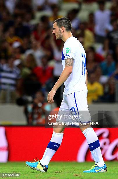 Leonardo Bonucci of Italy reacts after missing a penalty in a shootout during the FIFA Confederations Cup Brazil 2013 Semi Final match between Spain...