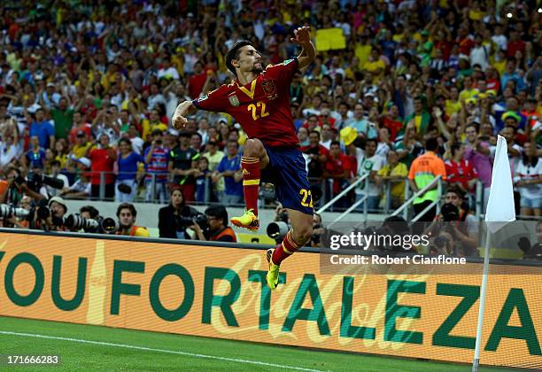 Jesus Navas of Spain celebrates scoring the winning penalty in a shootout during the FIFA Confederations Cup Brazil 2013 Semi Final match between...