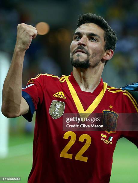 Jesus Navas of Spain celebrates scoring the winning penalty in a shootout during the FIFA Confederations Cup Brazil 2013 Semi Final match between...