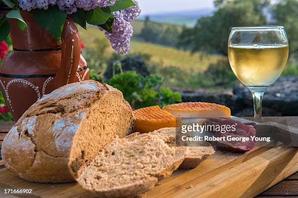 vinho verdi, cheese, sausage overlooking vineyard - vinho stock pictures, royalty-free photos & images