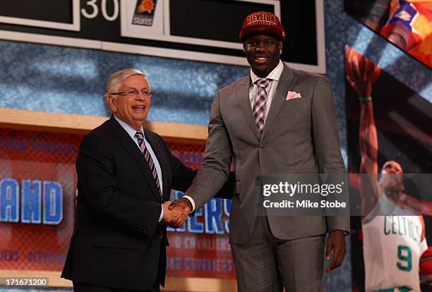 Anthony Bennett of UNLV poses for a photo with NBA Commissioner David Stern after Bennett was drafted overall by the Cleveland Cavaliers during the...