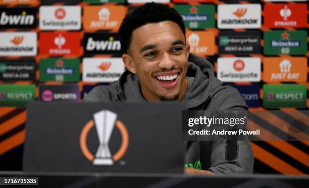 Trent Alexander-Arnold of Liverpool during a press conference at Anfield on October 04, 2023 in Kirkby, England.