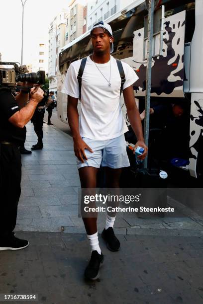 Olivier-Maxence of the Dallas Mavericks arrives prior to the game against Real Madrid at WiZink Center on October 10, 2023 in Madrid, Spain. NOTE TO...