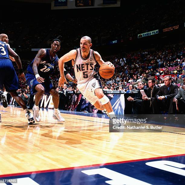 Jason Kidd of the New Jersey Nets drives to the basket during the NBA game against the Washington Wizards at the Continental Airlines Arena on...
