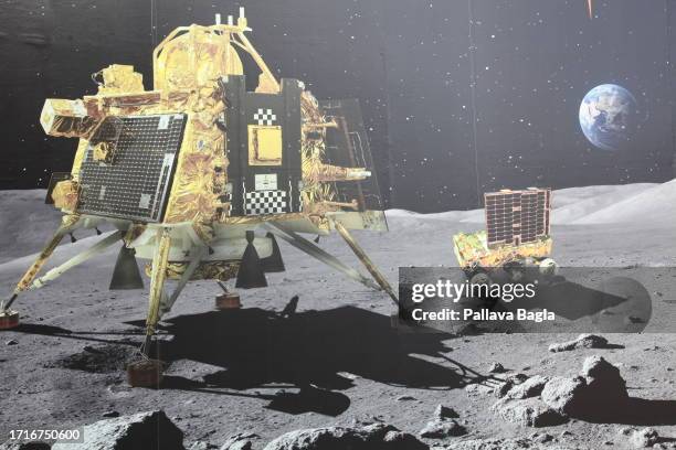 Vikram lander and Pragyan rover on lunar surface a diorama by Indian space agency, Indias successful lunar mission, displays of the Vikram Lander and...