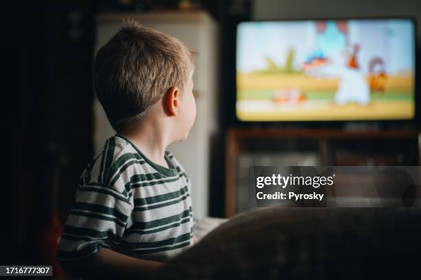 little boy watching cartoons at home - staring at screen stock pictures, royalty-free photos & images