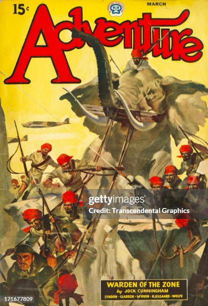 Adventure magazine shows an african battle scene on the cover of the issue published in March of 1937 in New York City.