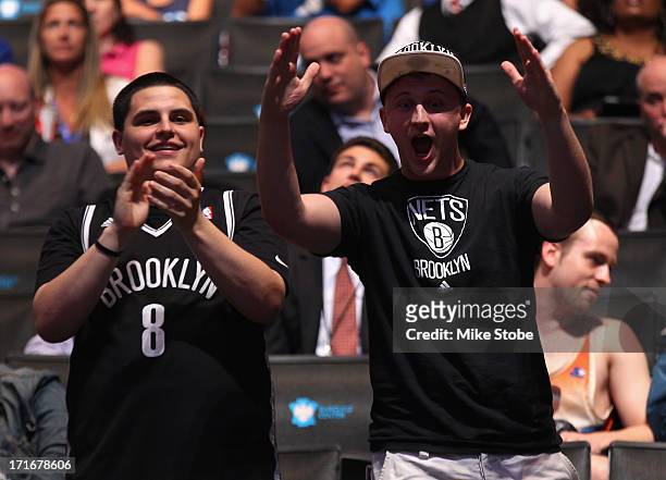 Fans of the Brooklyn Nets support their team during the 2013 NBA Draft at Barclays Center on June 27, 2013 in in the Brooklyn Bourough of New York...