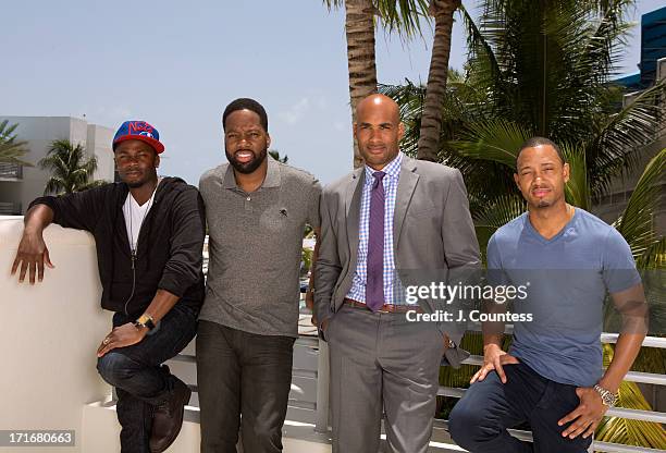 Actor Derek Luke, director David E. Talbert, actor Boris Kodjoe and actor Terrence Jenkins pose during the 2013 American Black Film Festival on June...