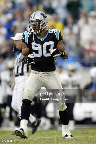 Defensive End Julius Peppers of the Carolina Panthers walks across the field during the NFL game against the New Orleans Saints at Ericsson Stadium...