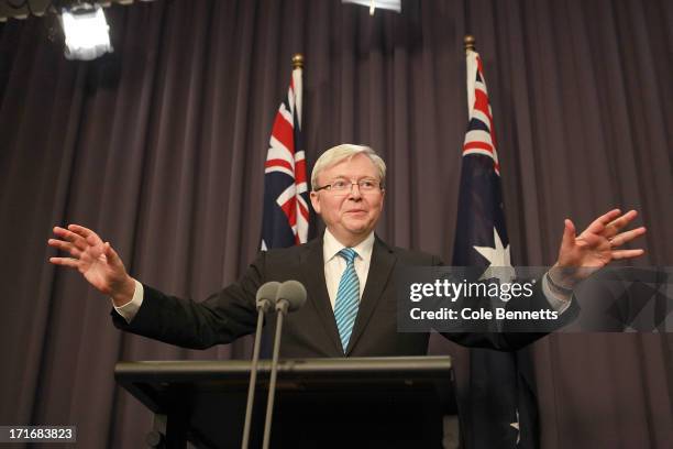 Prime Minister Kevin Rudd talks to the media at a press conference at Parliament House on June 28, 2013 in Canberra, Australia. Rudd announced he...