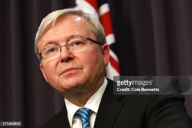 Prime Minister Kevin Rudd talks to the media at a press conference at Parliament House on June 28, 2013 in Canberra, Australia. Rudd announced he...