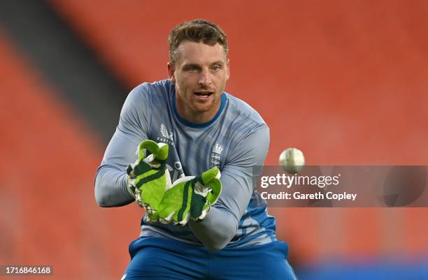 England captain Jos Buttler during a nets session at Narendra Modi Stadium on October 04, 2023 in Ahmedabad, India.