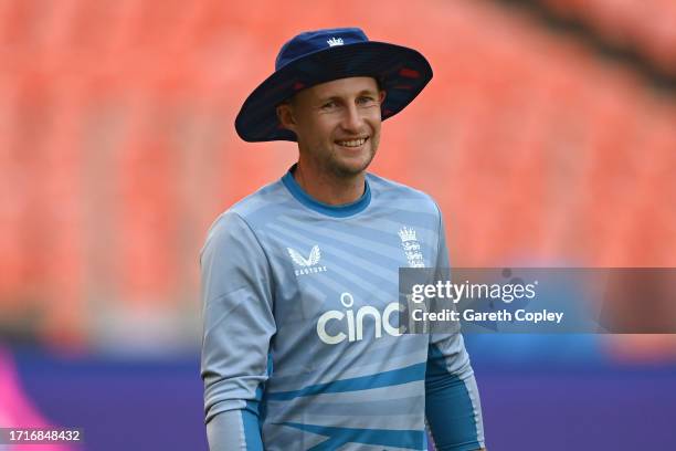 Joe Root of England during a nets session at Narendra Modi Stadium on October 04, 2023 in Ahmedabad, India.