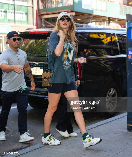 Taylor Swift and Keleigh Teller arrive at the studio on October 03, 2023 in New York City.
