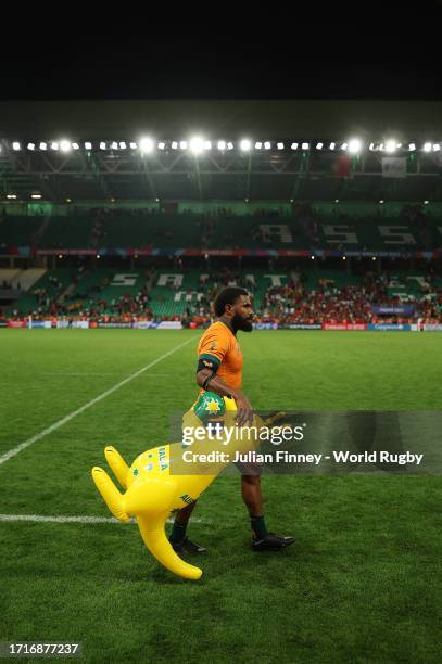 Marika Koroibete of Australia carries an inflatable Kangaroo after the Rugby World Cup France 2023 match between Australia and Portugal at Stade...