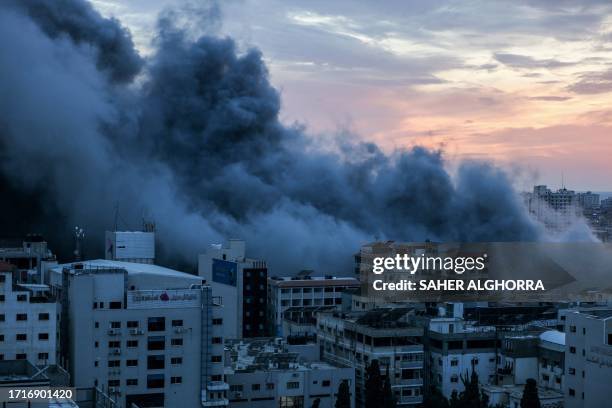 Gaza, Palestine. Smoke rises after Israeli airstrikes in Gaza.