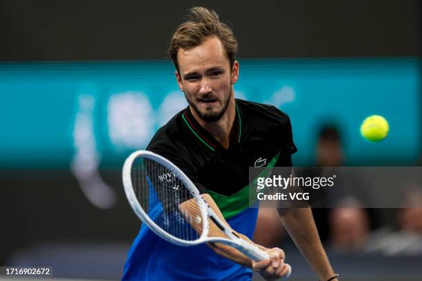 Daniil Medvedev of Russia returns a shot in the Men's Singles Final match against Jannik Sinner of Italy on day 9 of the 2023 China Open at National...