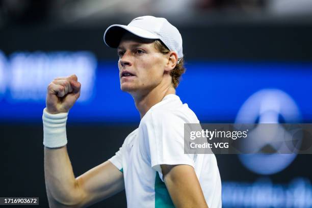 Jannik Sinner of Italy reacts in the Men's Singles Final match against Daniil Medvedev of Russia on day 9 of the 2023 China Open at National Tennis...