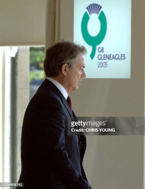 British Prime Minister Tony Blair is seen during a G8 summit 07 July 2005, in Gleneagles. Blair left the Group of Eight summit by helicopter on...