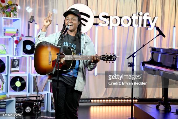 Joy Oladokun performs onstage during The Future of Audiobooks Event with Spotify 2023 on October 03, 2023 in New York City.