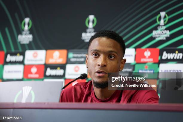 Ezri Konsa of Aston Villa talks to the press during a press conference at Bodymoor Heath training ground on October 04, 2023 in Birmingham, England.