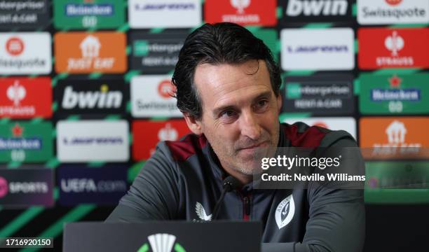 Unai Emery Head Coach of Aston Villa talks to the press during a press conference at Bodymoor Heath training ground on October 04, 2023 in...